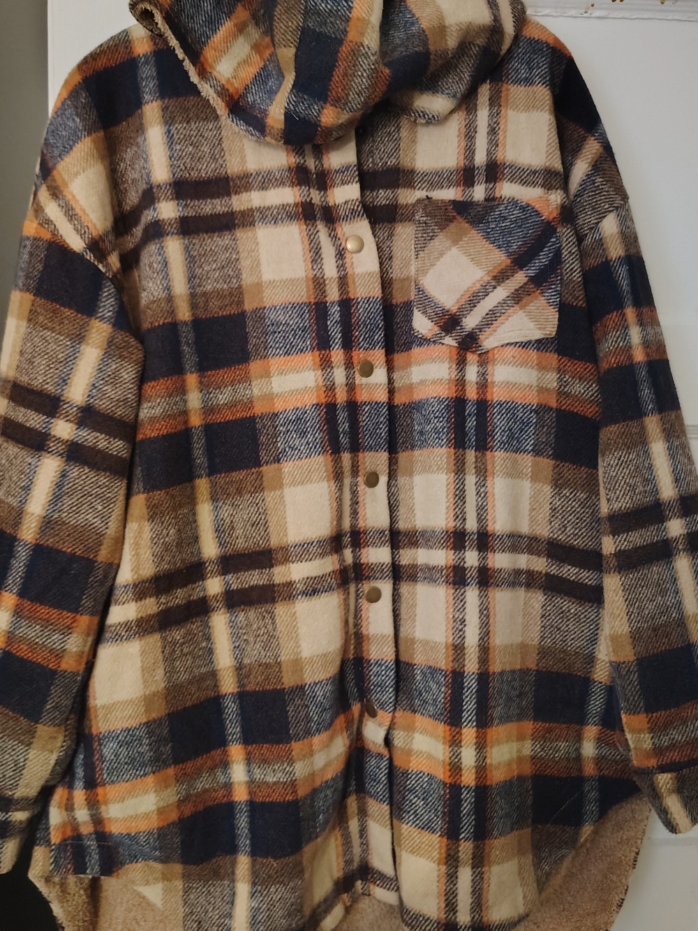 Plaid Hooded jacket in Navy, Cream & Brown